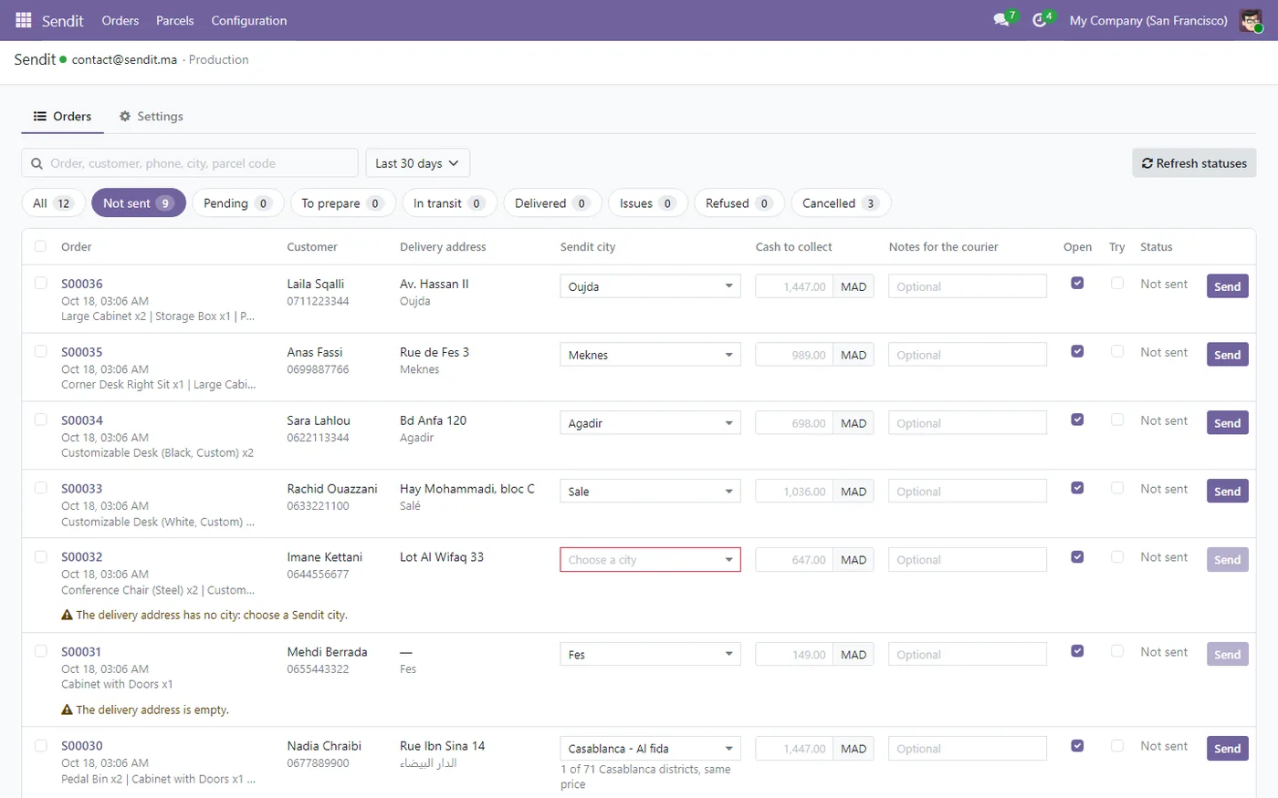 Écran Commandes de l’application Sendit dans Odoo