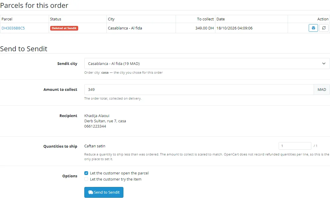 Onglet Sendit sur une commande OpenCart